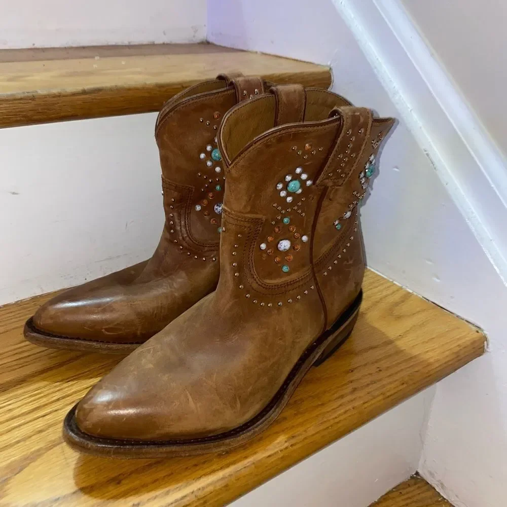 Frye Billy Stone Short Studded Cognac Boots